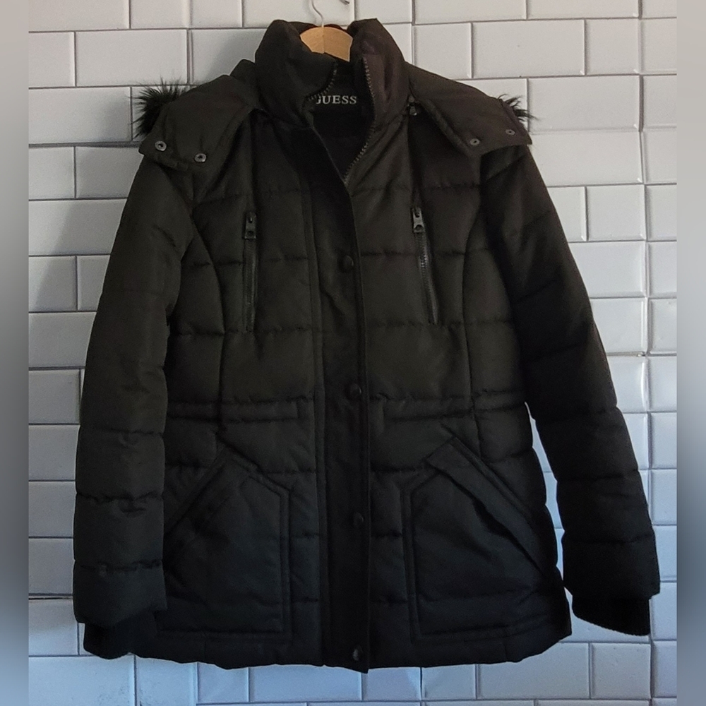 Guess Ladies Black Quilted Puffer Winter Jacket Polyester Filling Detachable Hoo